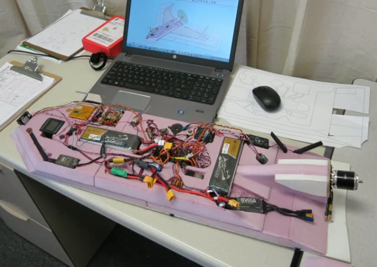 fuselage with innards on a test bench